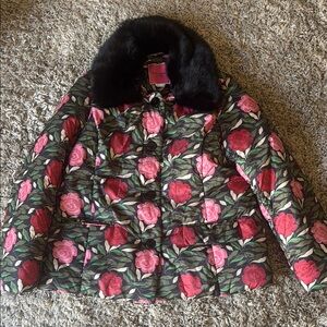 kate spade Black and Pink Puffer Jacket with Floral Design